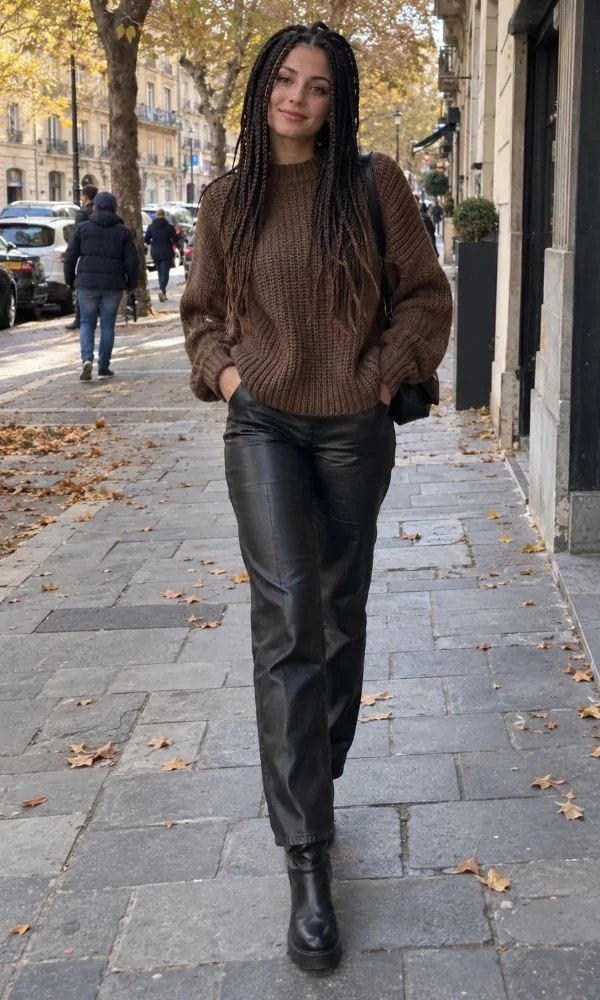 Pair Leather Pants With A Chunky Brown Sweater