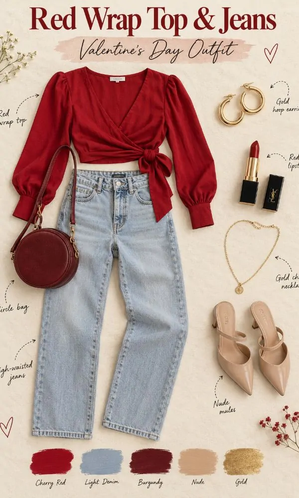 Red Wrap Top with Light Wash Jeans