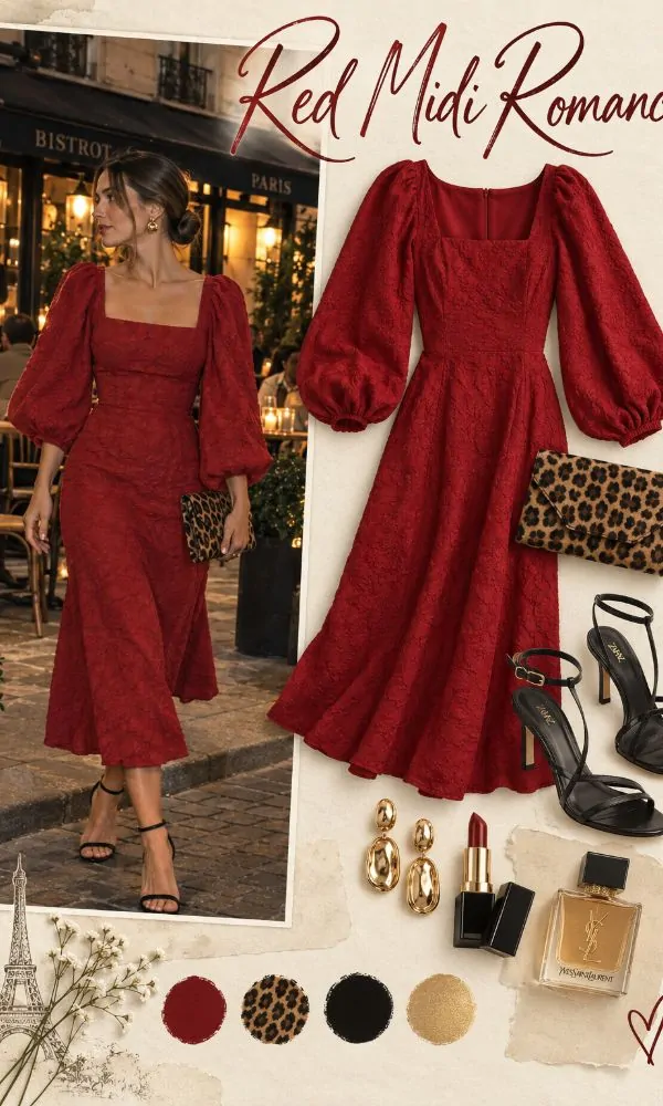 Textured Red Midi with Statement Sleeves