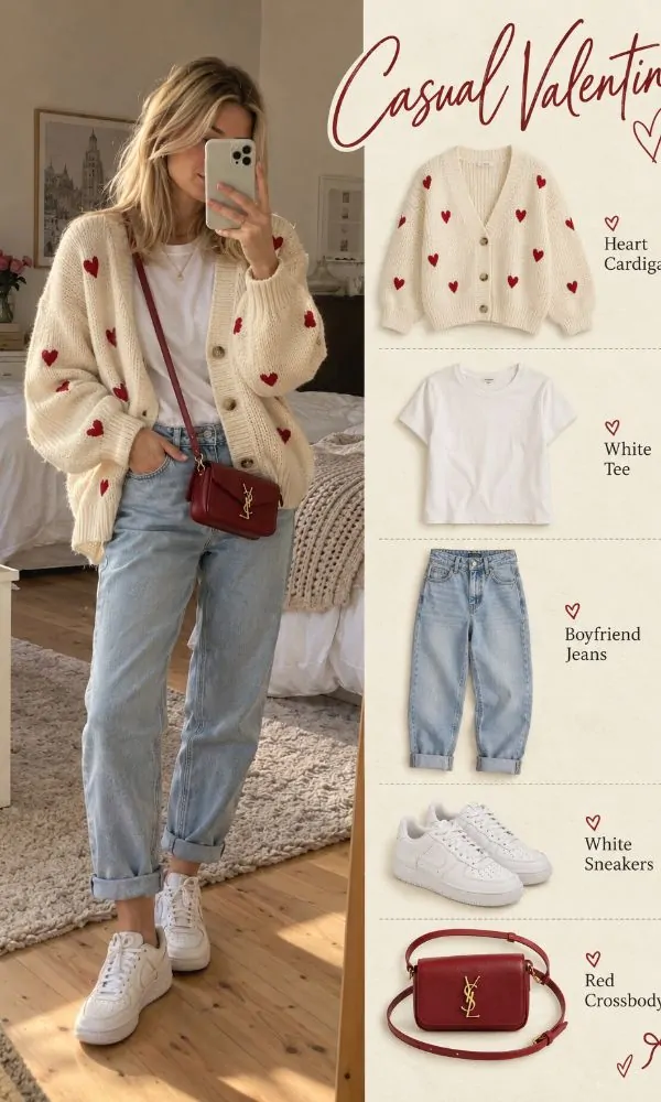 Heart-Print Cardigan with Jeans