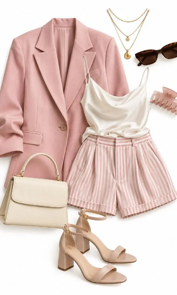 Pink Blazer with Striped Shorts