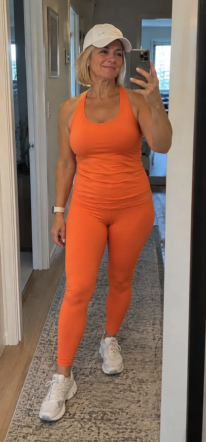 Orange workout set with white sneakers