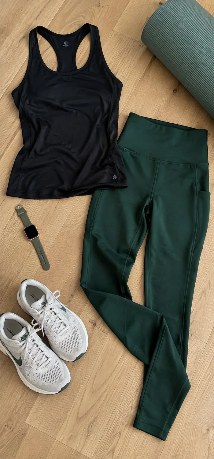 Black Tank Top And Bottle Green Leggings
