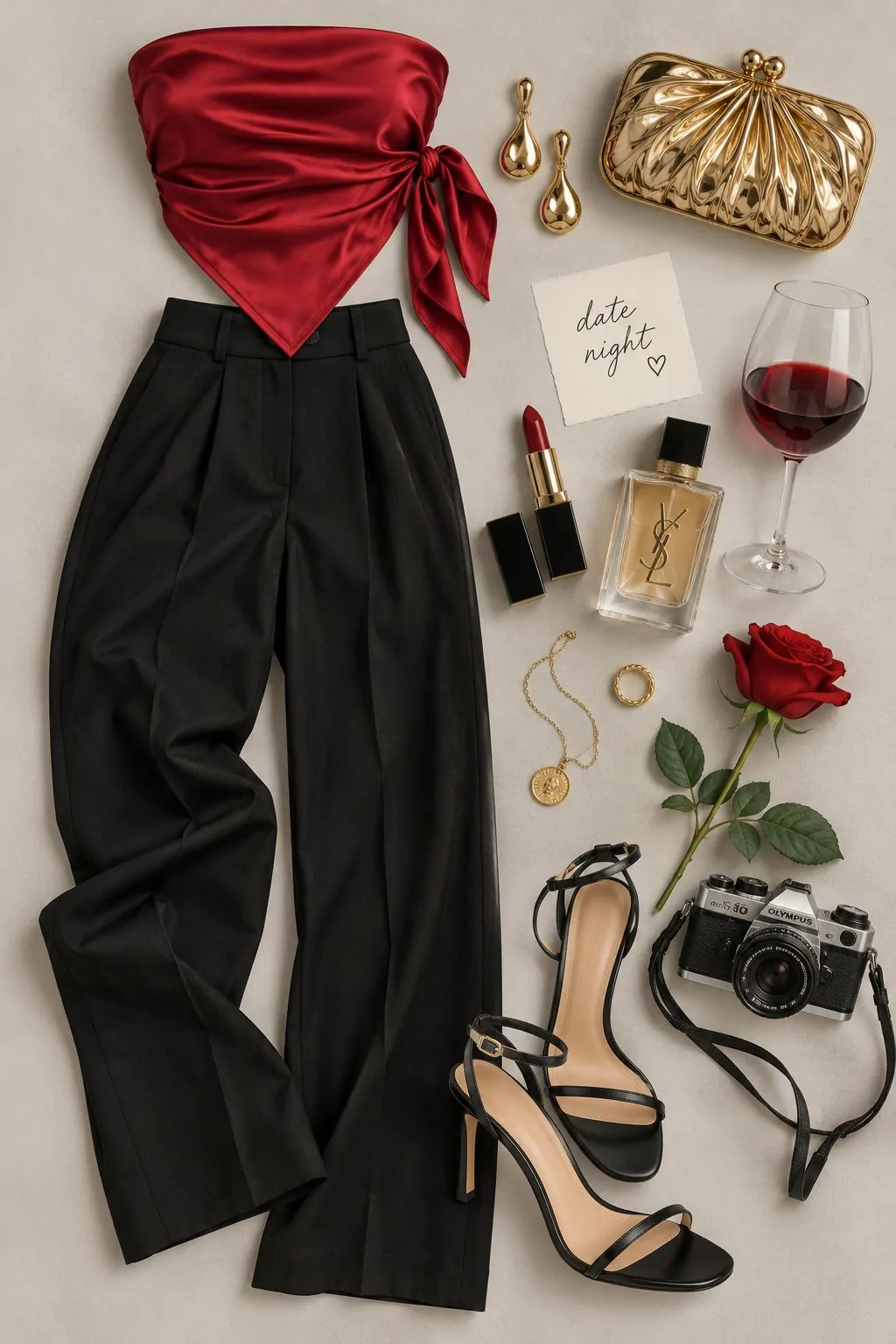 Red satin bandana top with black tailored trousers, strappy heels and gold clutch for date night