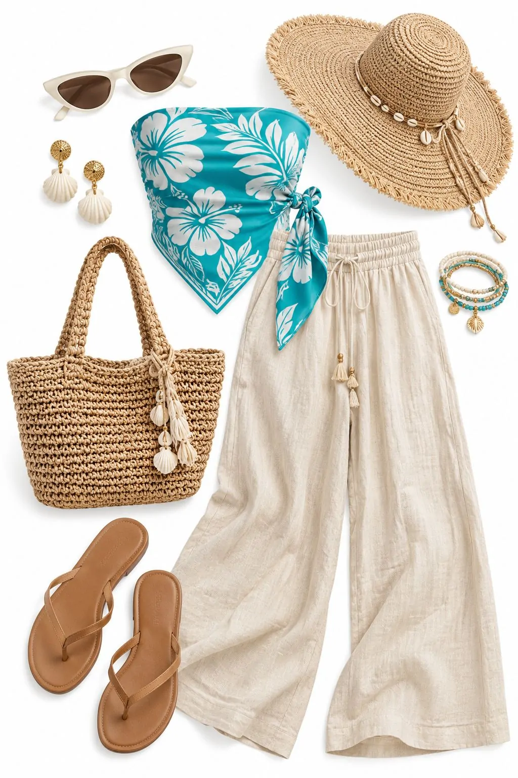 Turquoise tropical bandana top with linen pants, straw hat, woven tote and flip-flops for a beach holiday
