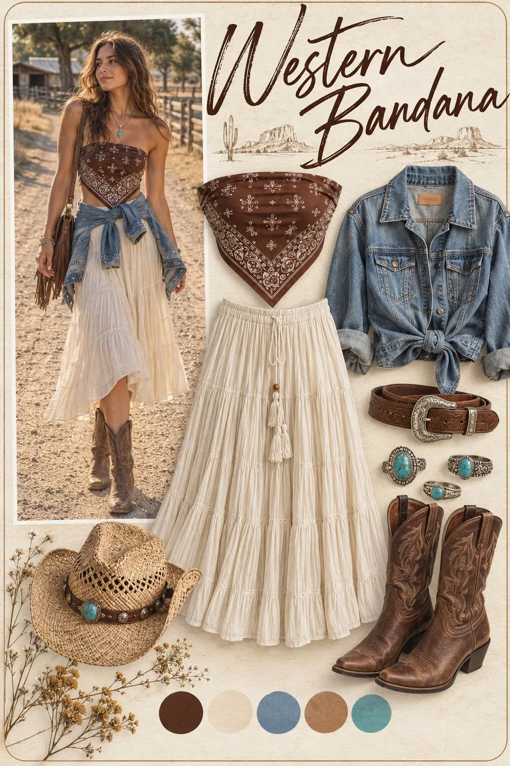 Western bandana top outfit collage with brown bandana top, cream pleated skirt, denim jacket and cowboy boots