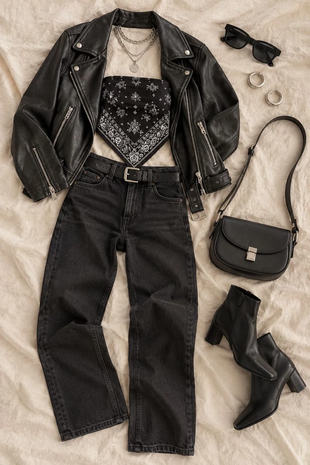 Flat lay of a black bandana top with a cropped leather jacket, black jeans, ankle boots and silver jewelry