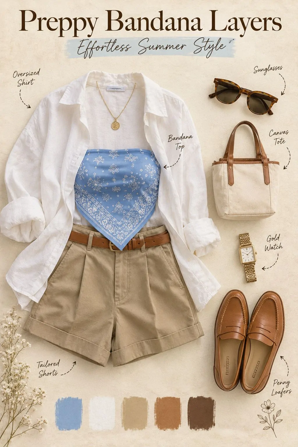 Preppy bandana top layered under an open white shirt with khaki shorts, loafers and a canvas tote