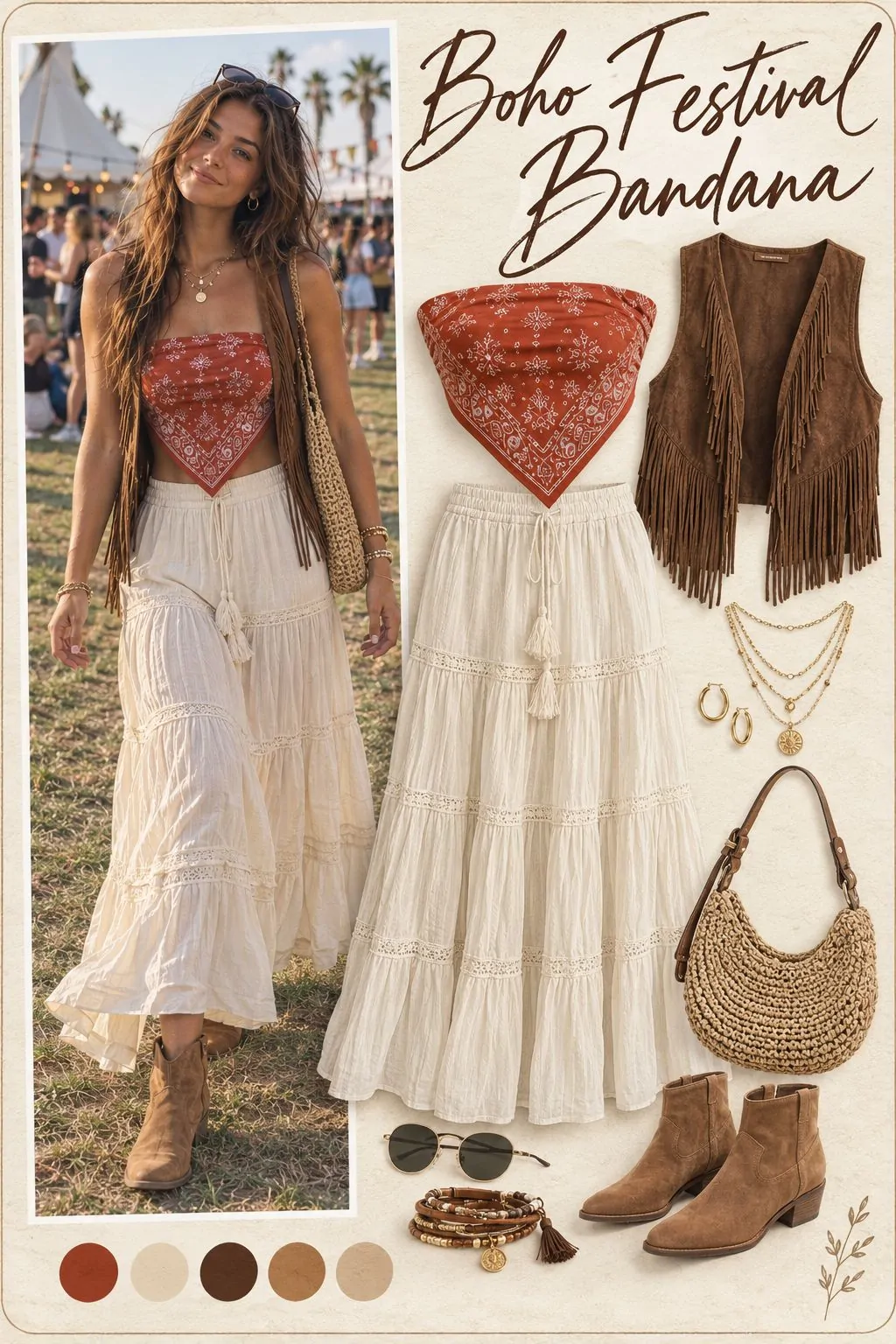 Boho festival bandana top outfit collage with tiered cream maxi skirt, fringe vest and ankle boots