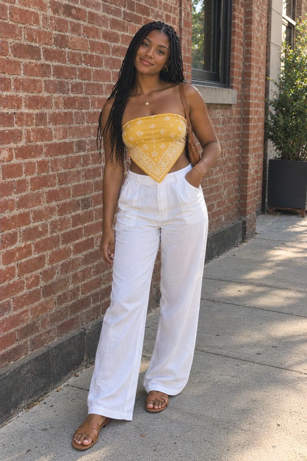Yellow bandana top with white linen pants and tan sandals
