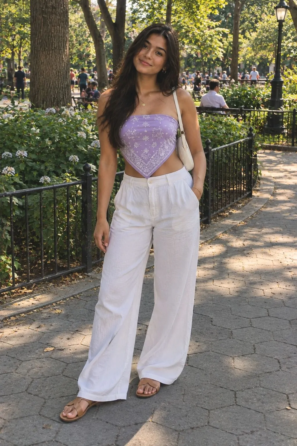 Lilac bandana top with white wide-leg pants and flat sandals