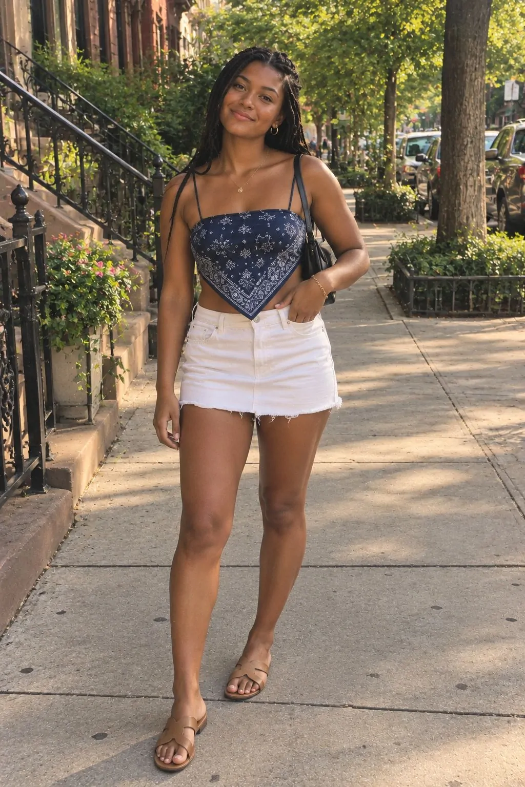 Dark blue spaghetti strap bandana top with a white denim skirt and tan sandals