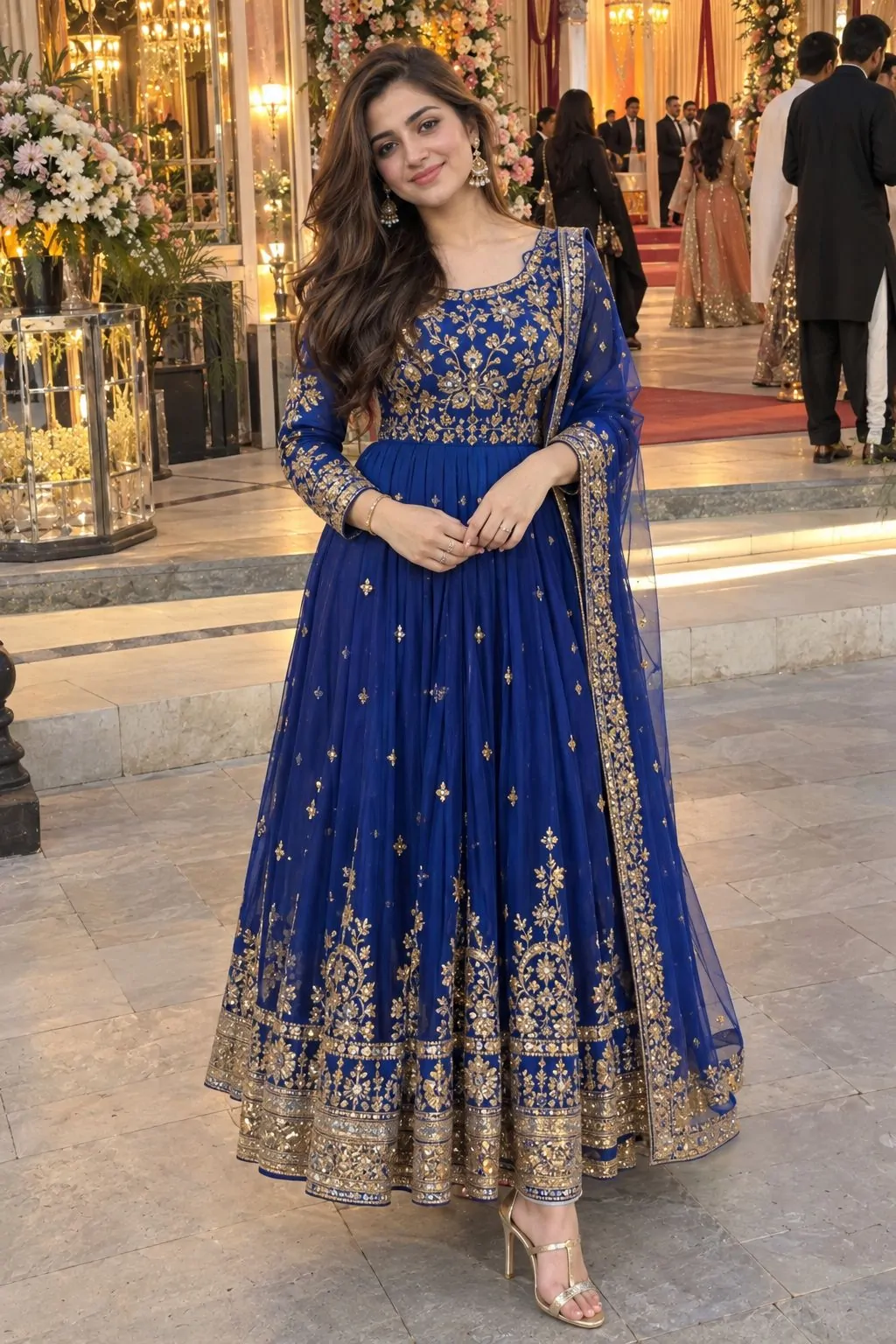Royal blue floor-length anarkali with fitted chori dar for a wedding