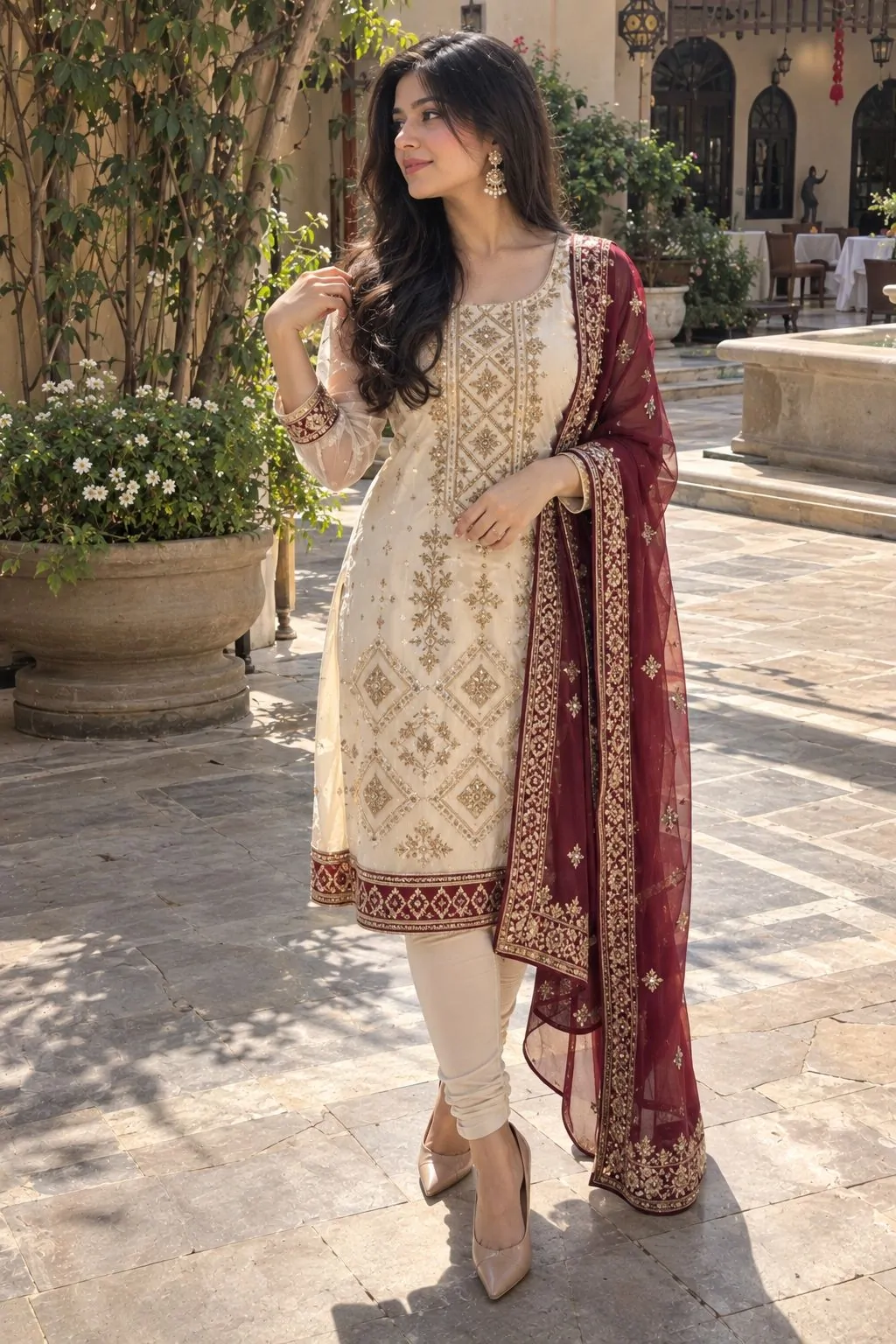 Cream and gold embroidered chori dar set with burgundy dupatta