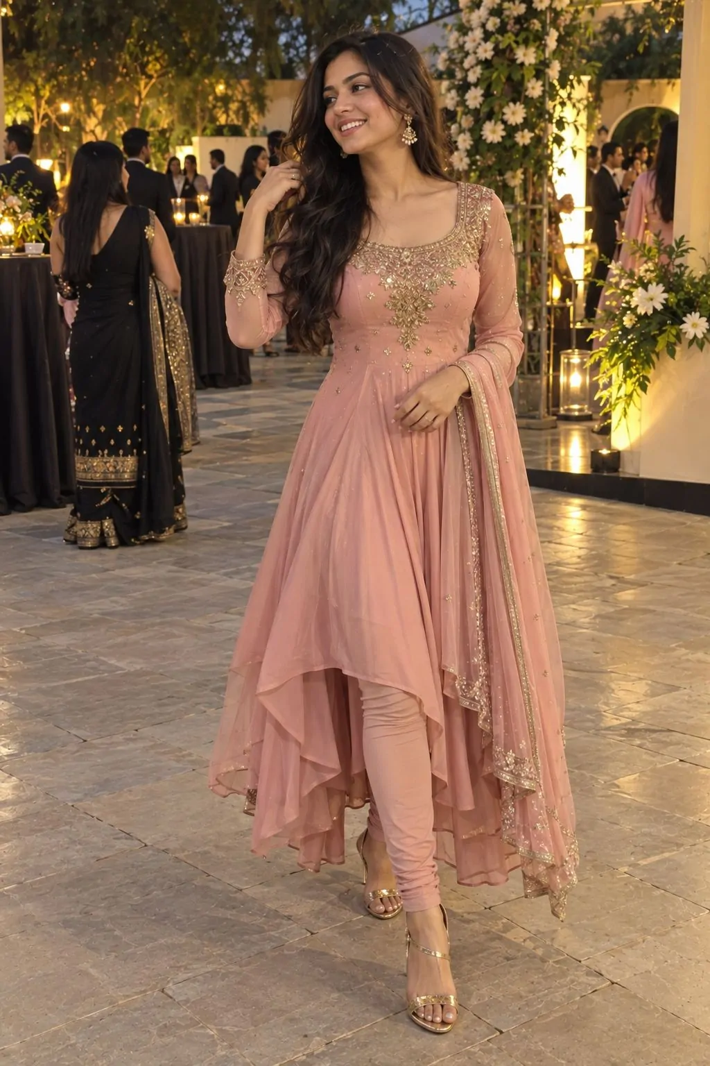 Blush pink asymmetrical anarkali with chori dar for an evening event