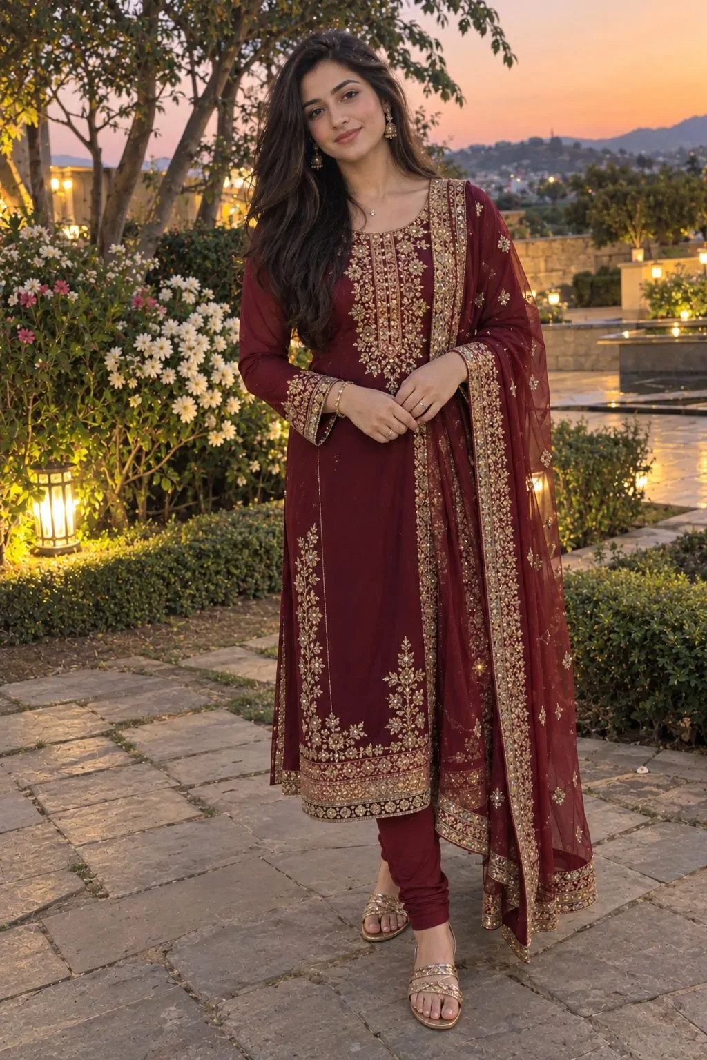 Burgundy chori dar suit with gold embroidered detailing
