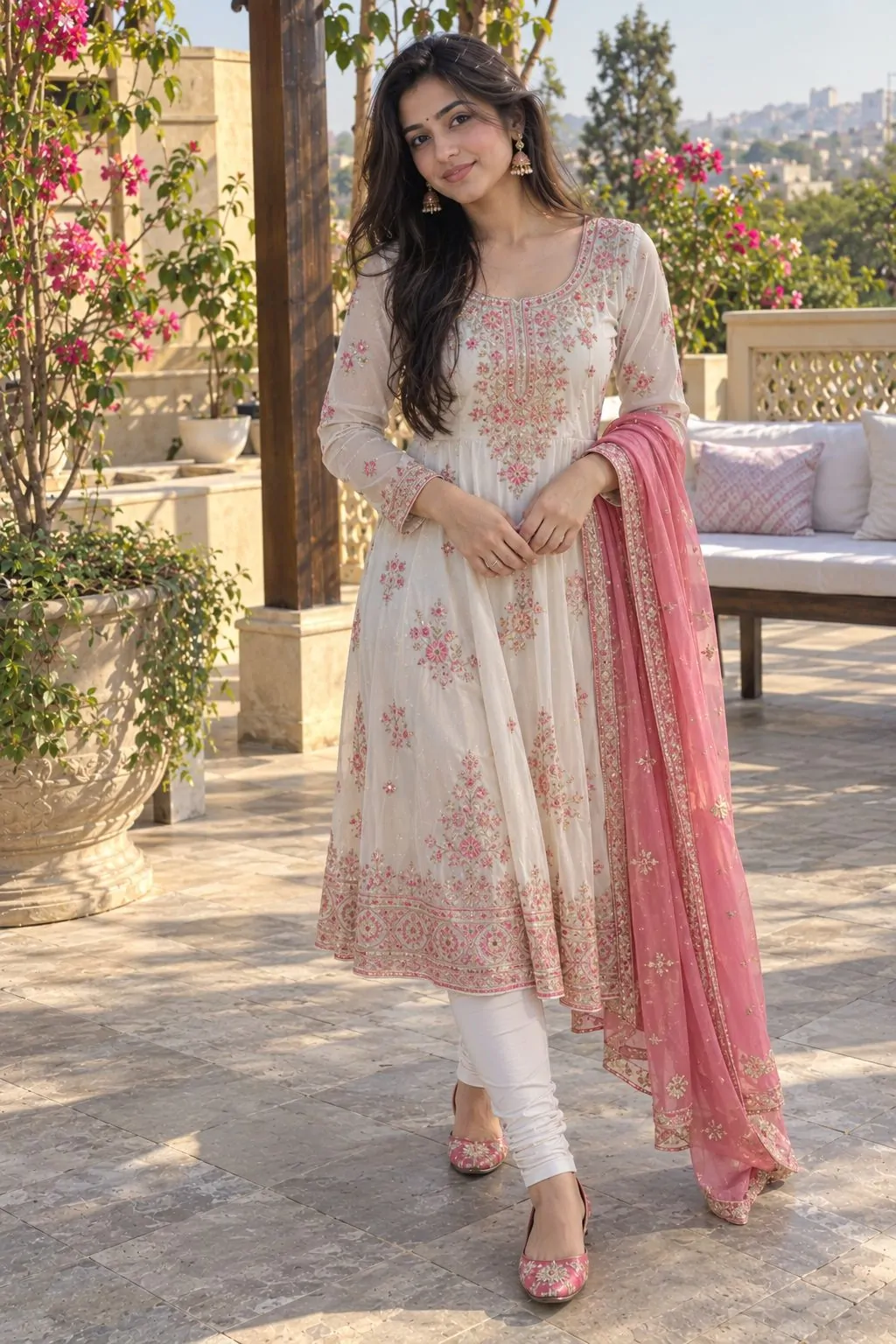 Off-white georgette chori dar suit with pink accents and dupatta