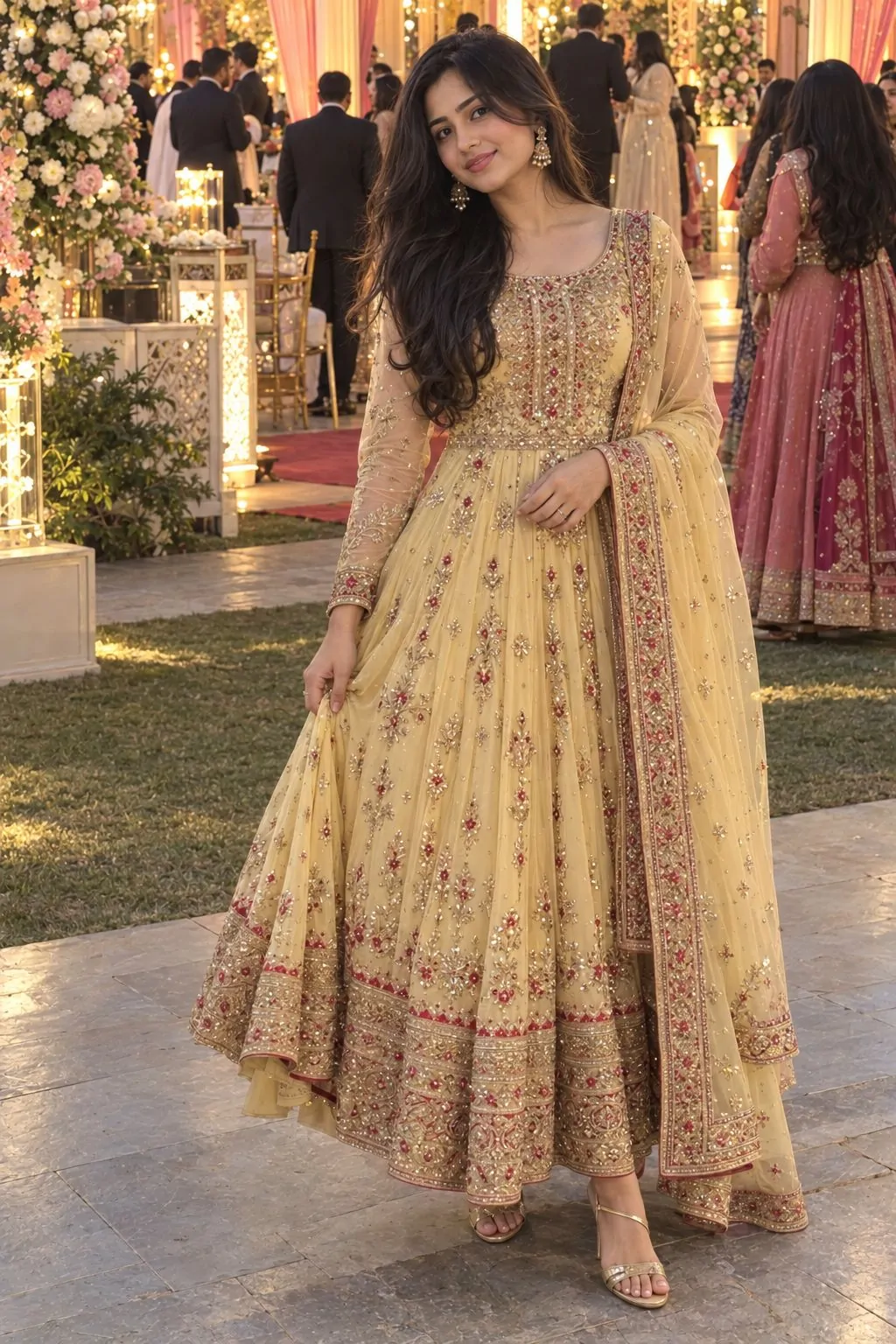Pale yellow heavily embellished anarkali with chori dar