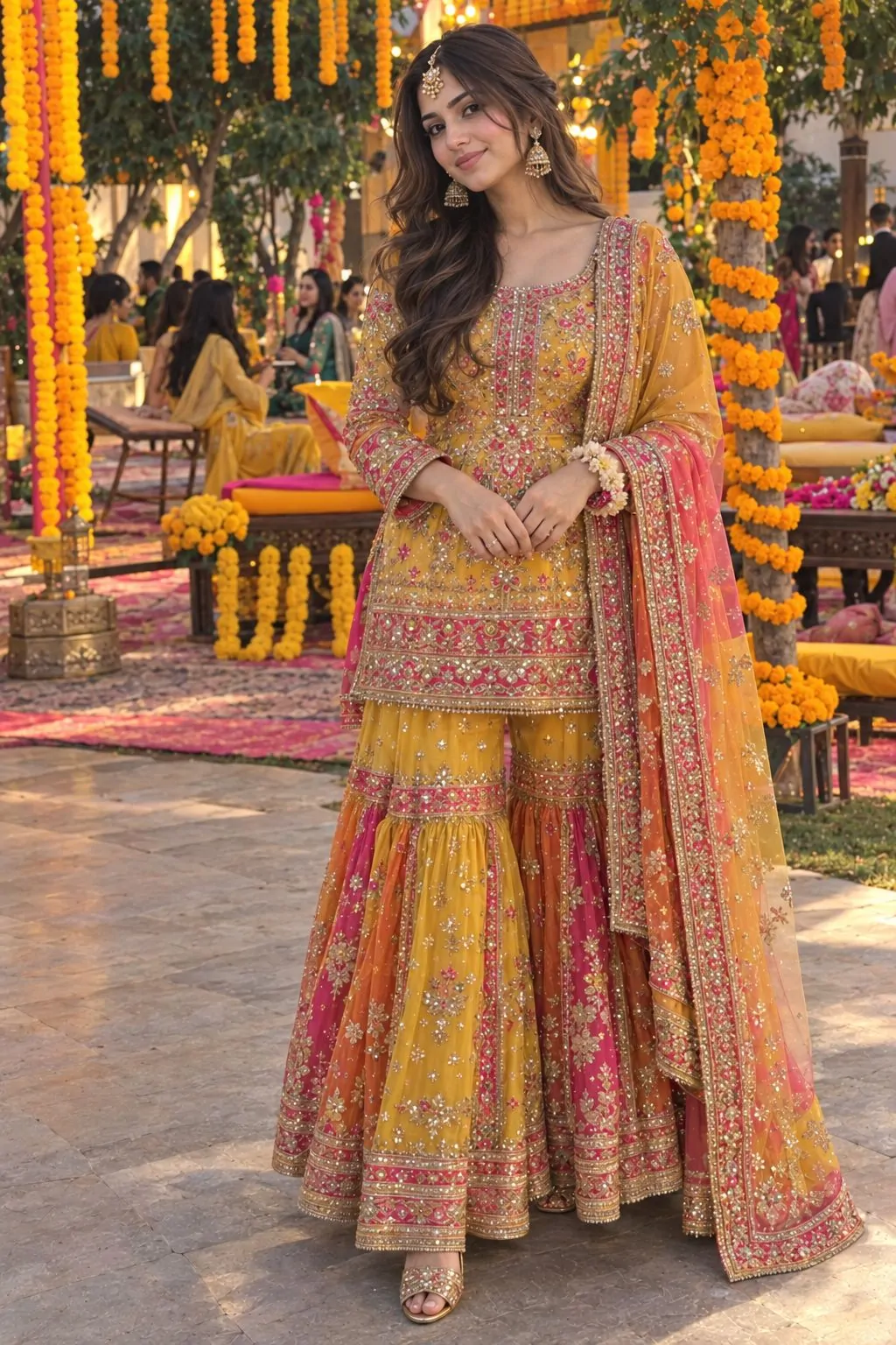 Multicolor bridal sharara set with heavy embroidered dupatta