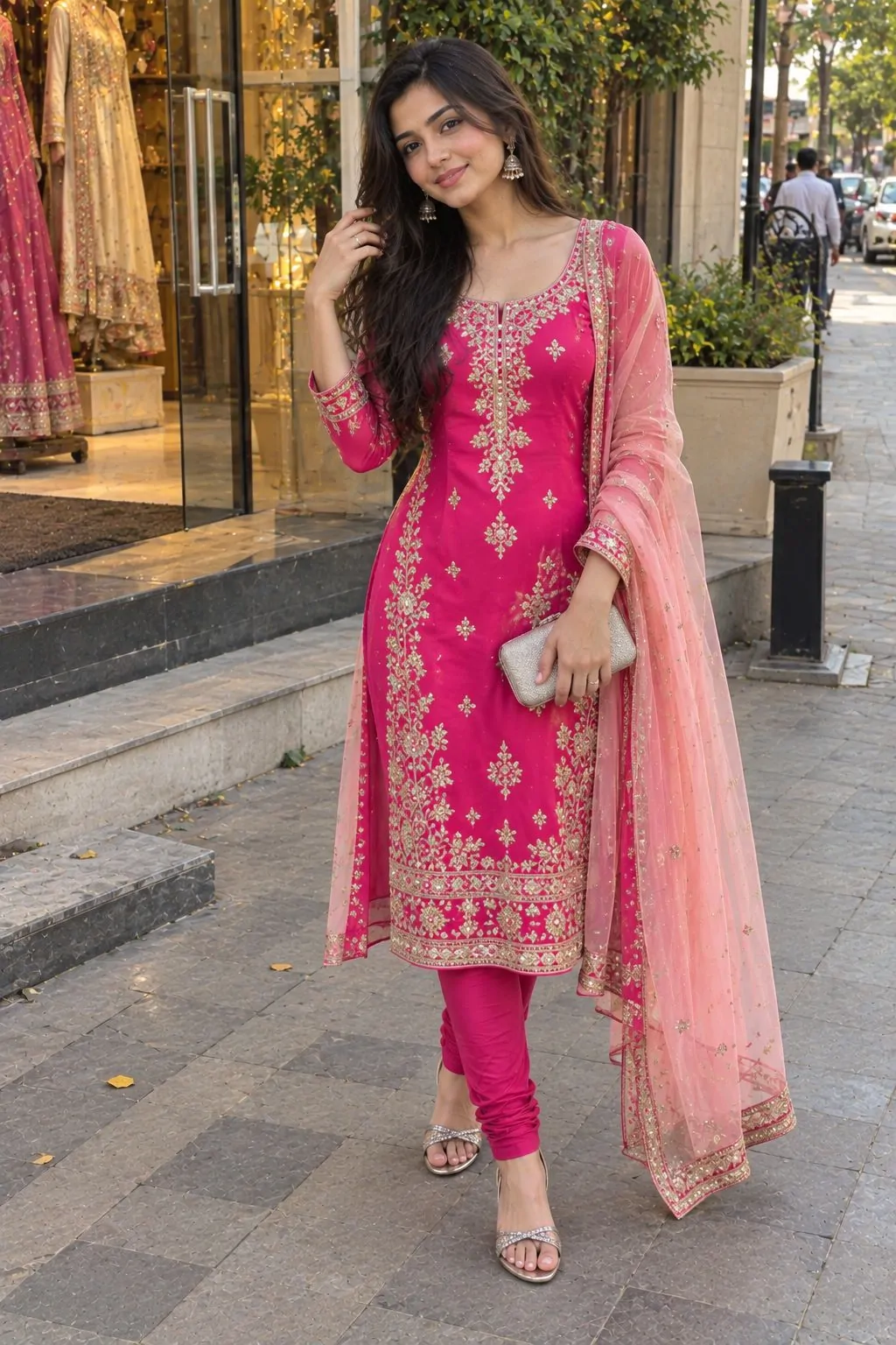 Hot pink embroidered straight suit with matching chori dar