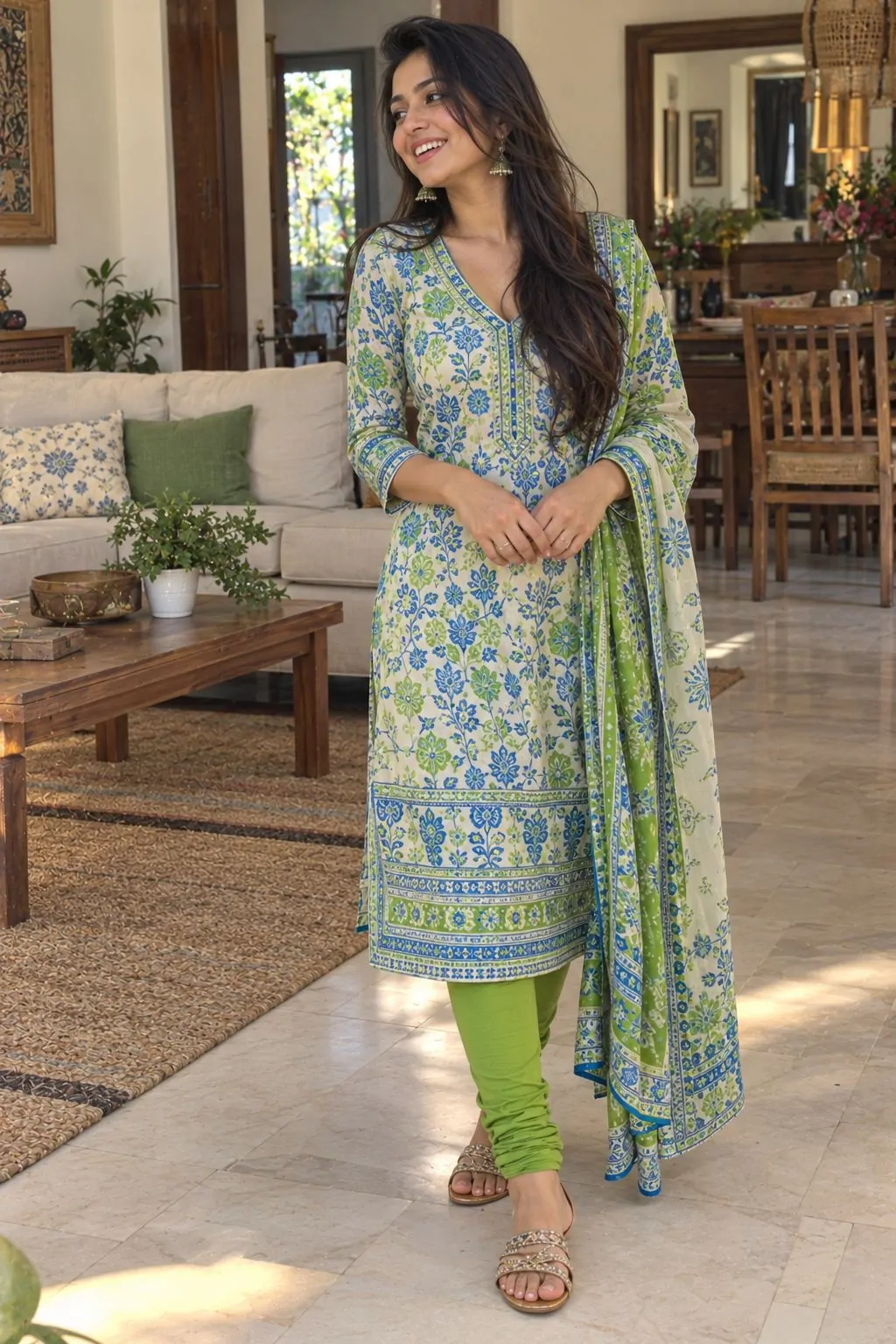 Printed casual chori dar set in blues and greens for everyday wear