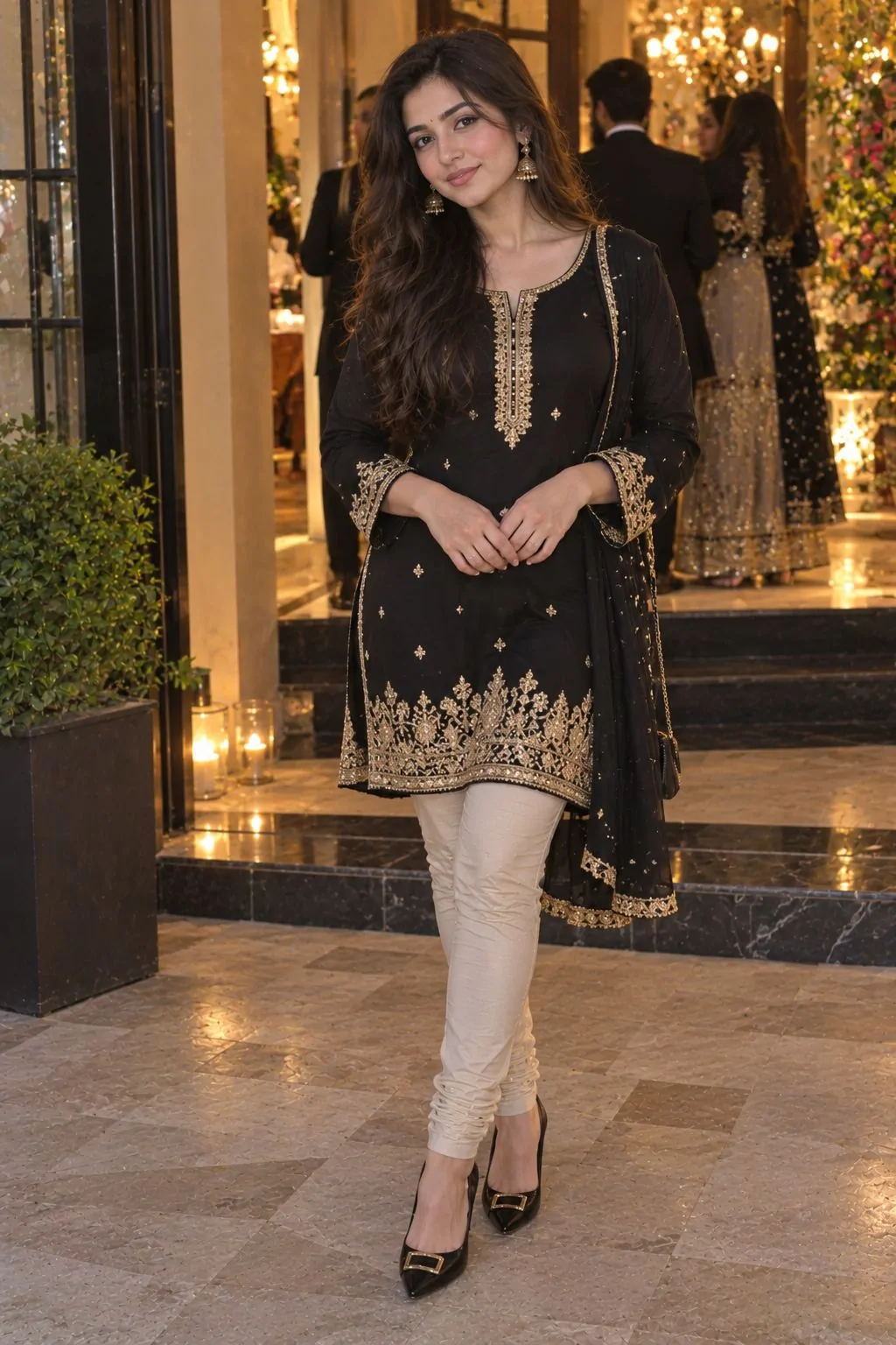 Black chori dar kurta with gold contrast borders