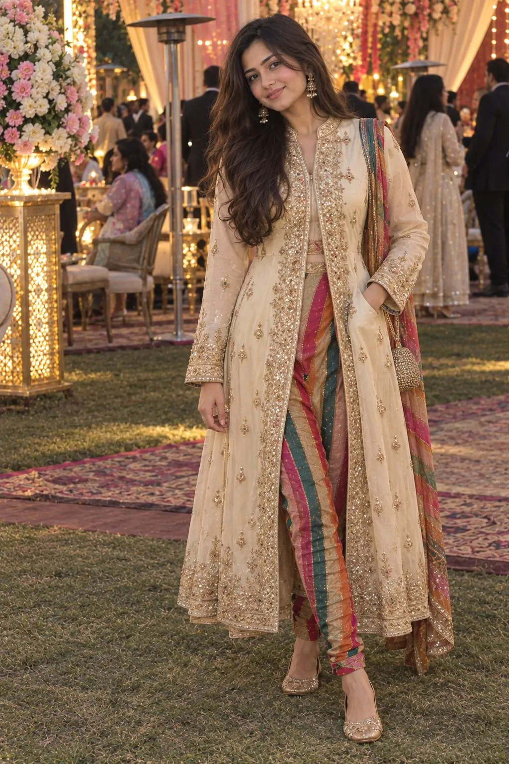 Embroidered cream long jacket over colorful striped chori dar