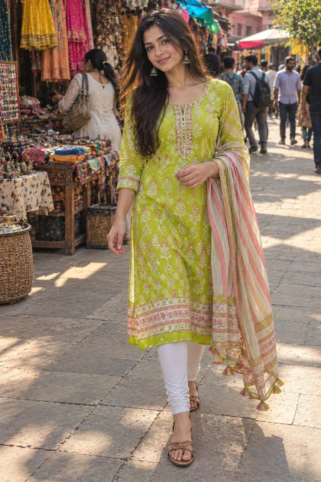 Bright green printed chori dar set with striped dupatta
