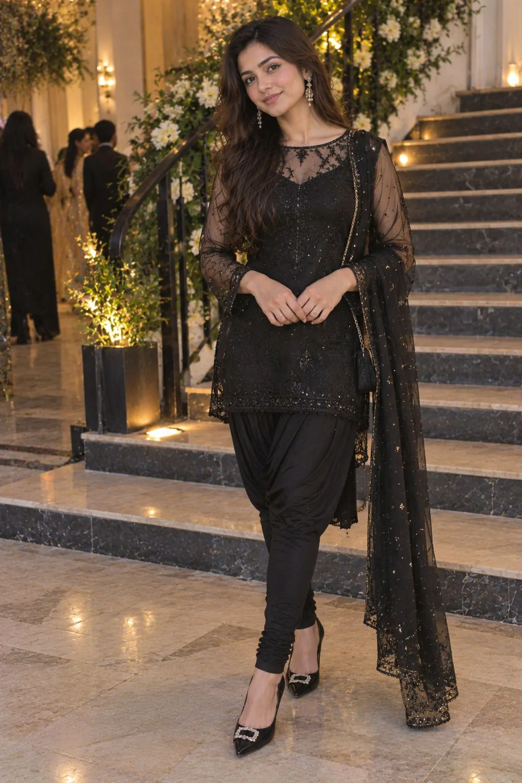 Black draped chori dar with sheer embellished top