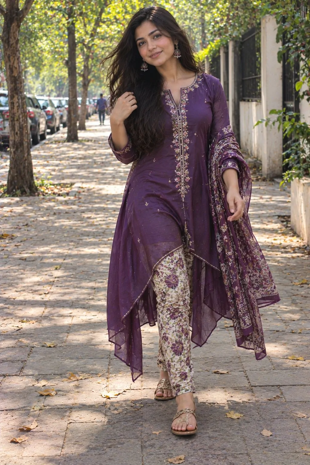 Purple asymmetric kurta with printed chori dar