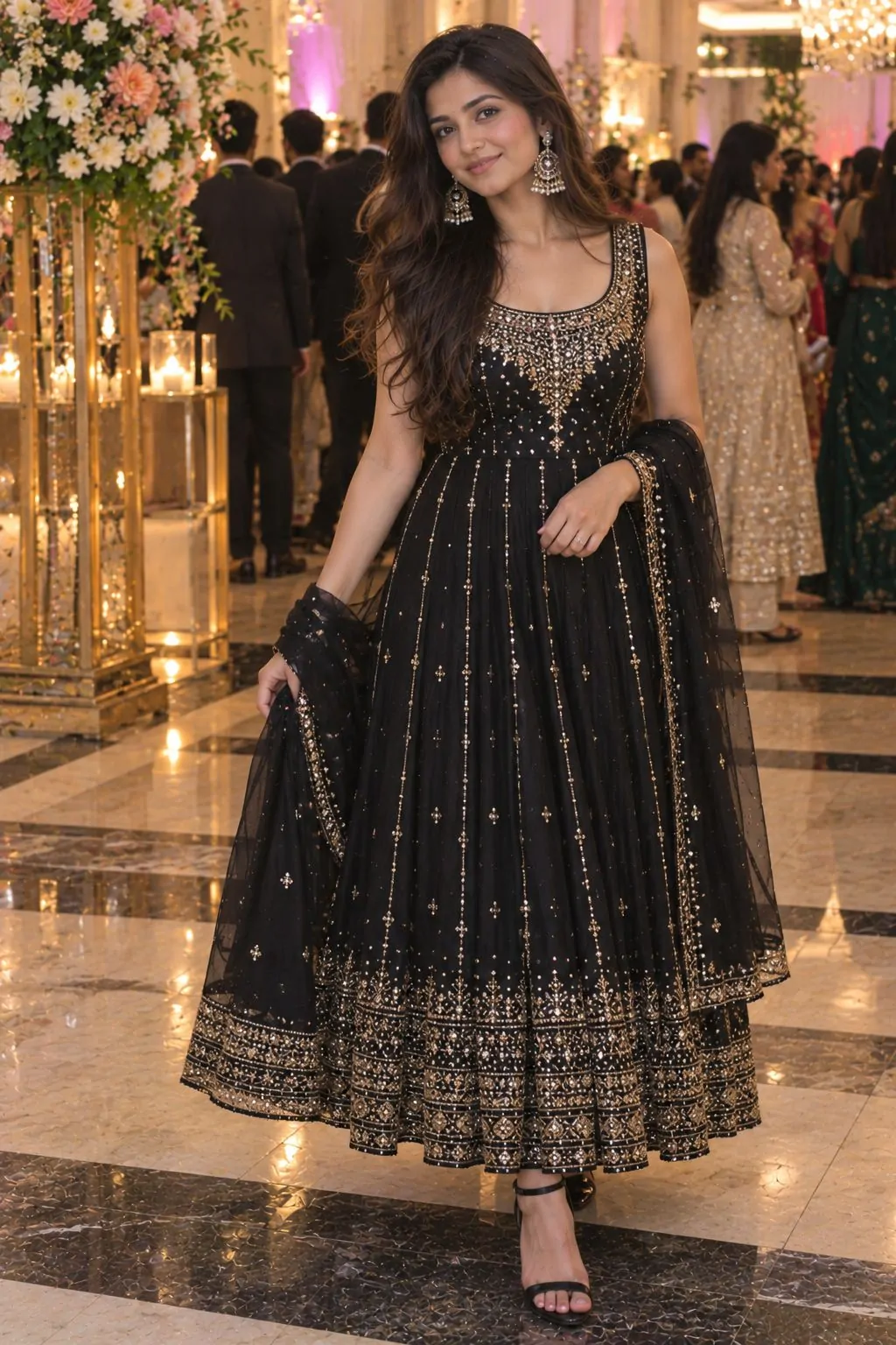 Black anarkali with heavily beaded neckline and chori dar