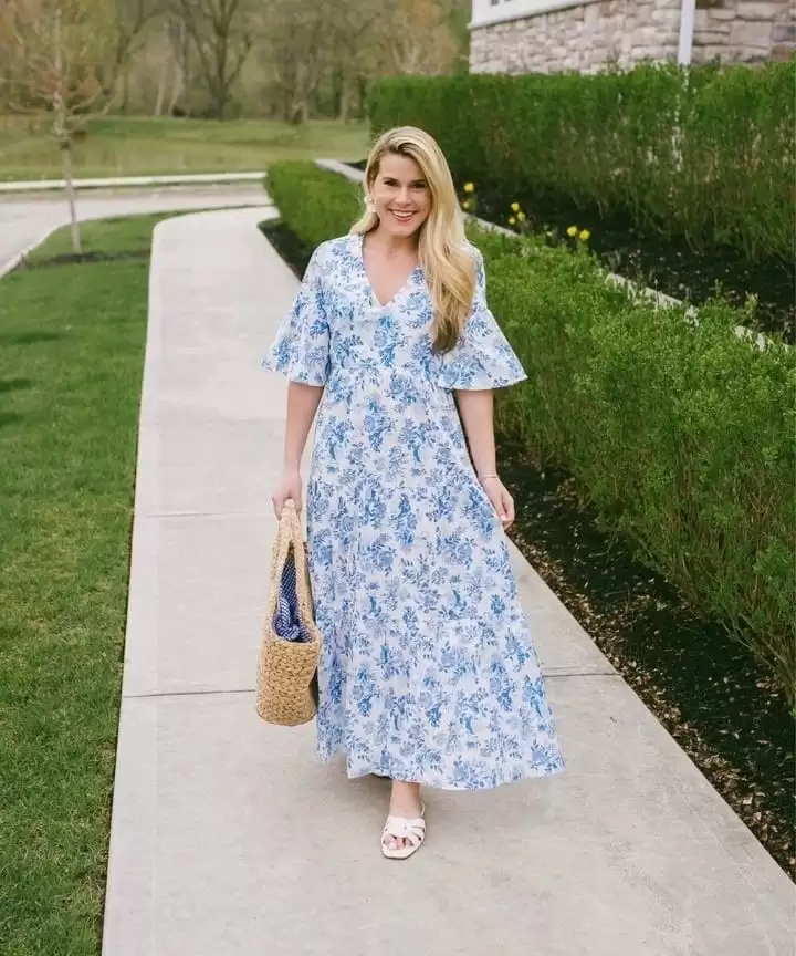 Blue Floral Maxi with Bell Sleeves